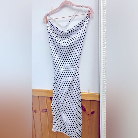 Pretty‎ Little Thing White Polka Dot Satin Open Back Midi Slip Dress Sz 12 - Picture 2 of 7